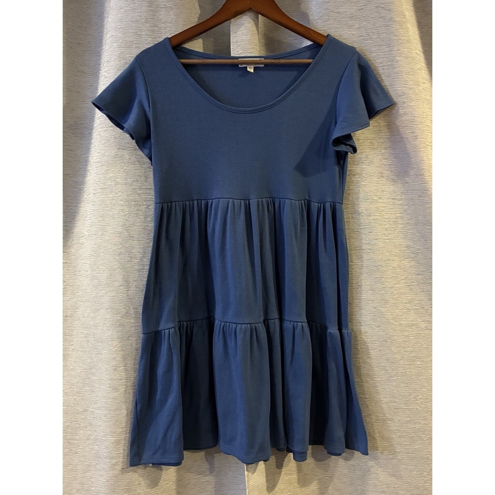 See You Monday Dress Women's L‎ Blue Short Sleeve Tiered Ruffle Babydoll V-neck